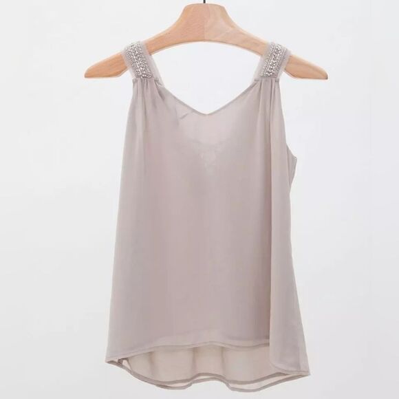 BKE Women's Silvery Grey Embellished Chiffon Lined Lace-up Tank Blouse - Picture 5 of 16
